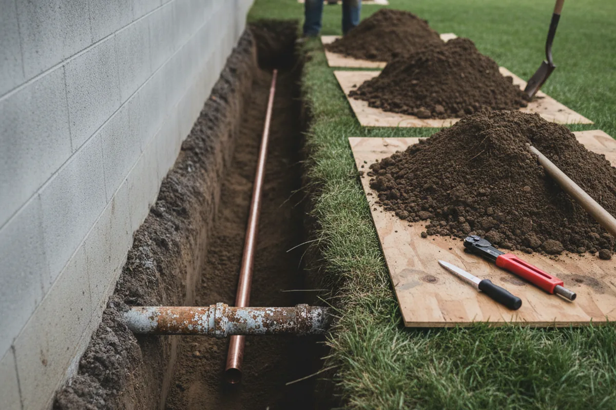 Excavated water line trench during Sewer Line Repair in Los Banos